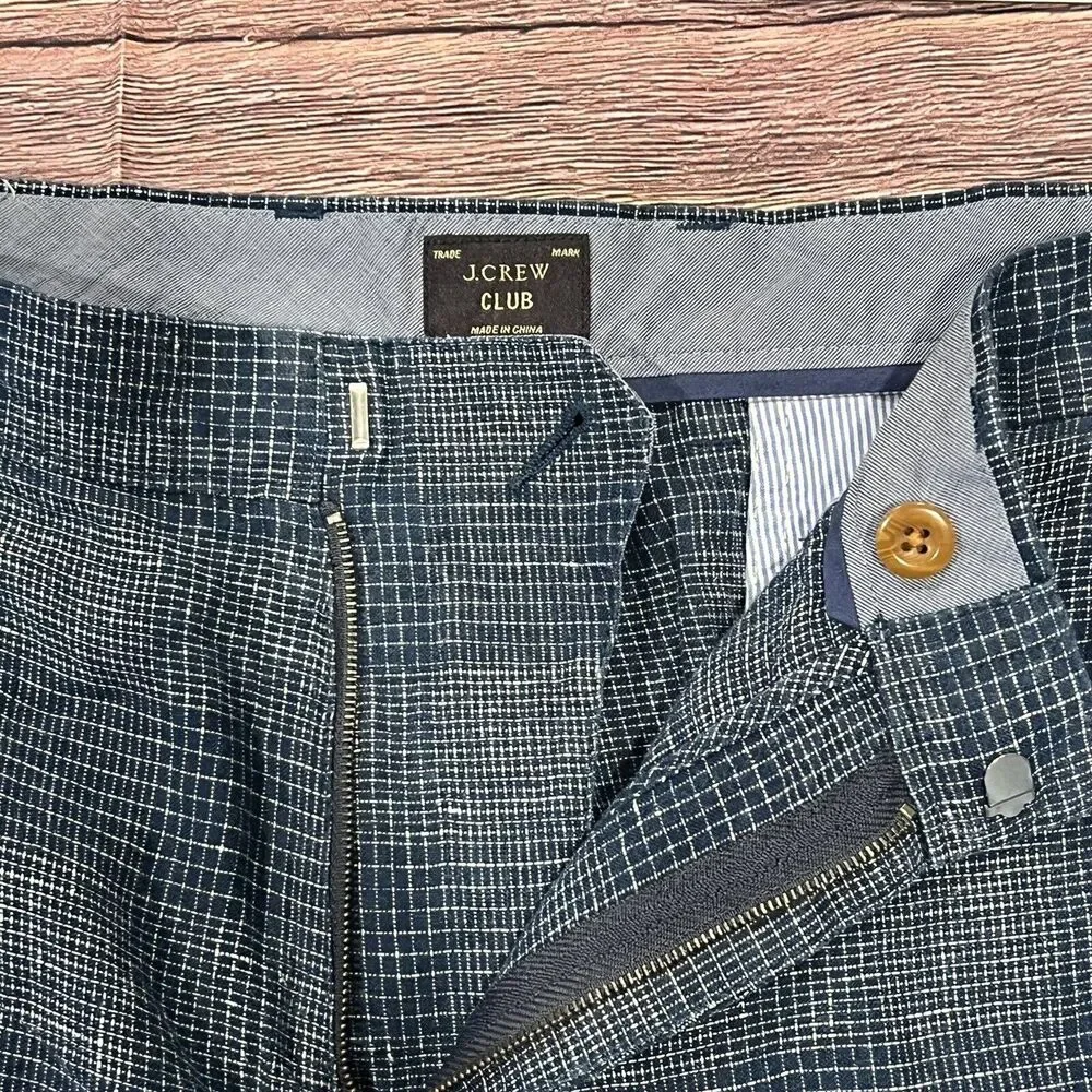 J Crew Club Men's 100% Linen Blue Plaid Chino Shorts Flat Front Size‎ 34 10.5 L